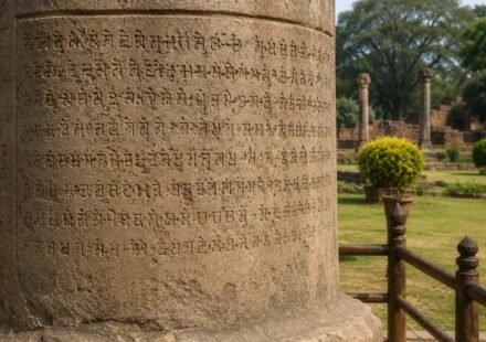 Stone inscription representing Ashoka edicts and ancient Indian manuscripts