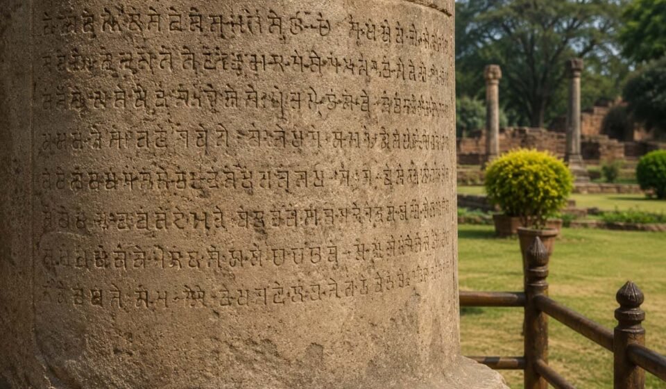 Stone inscription representing Ashoka edicts and ancient Indian manuscripts