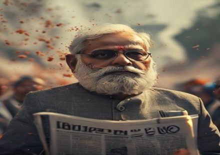 Editorial illustration: Ink Thrown at CJP Founder Dipke During Modi Resignation Protest