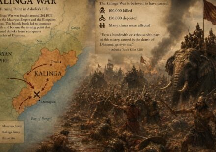 Illustration of the Kalinga War as the turning point in Emperor Ashoka life