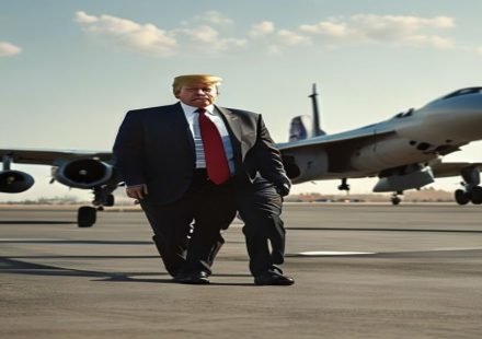 Editorial illustration: Trump Switched Jets Over Iran Missile Threat During NATO Summit