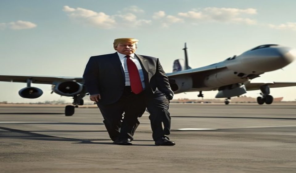 Editorial illustration: Trump Switched Jets Over Iran Missile Threat During NATO Summit