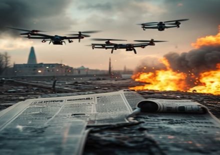 Editorial illustration: Ukrainian Drone Strikes Kill Seven, Ignite Moscow Oil Depot Fire