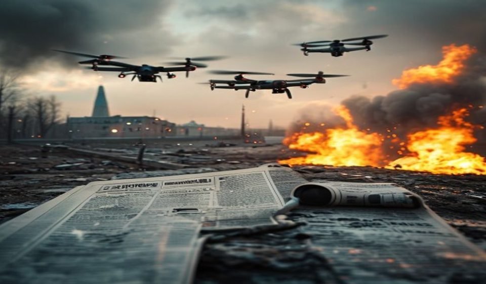 Editorial illustration: Ukrainian Drone Strikes Kill Seven, Ignite Moscow Oil Depot Fire