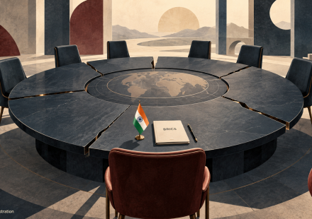 AI-generated illustration of an Indian flag and BRICS agenda on a divided round conference table, symbolising India’s leadership challenges within BRICS.