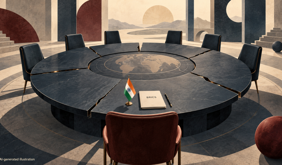 AI-generated illustration of an Indian flag and BRICS agenda on a divided round conference table, symbolising India’s leadership challenges within BRICS.
