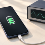 AI-generated illustration of a generic smartphone connected to a charging test instrument, with a green battery symbol on its screen.