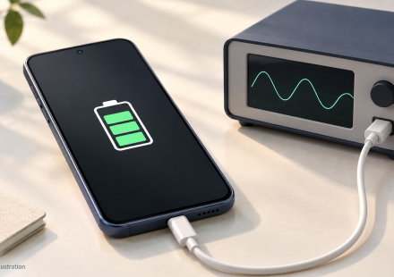 AI-generated illustration of a generic smartphone connected to a charging test instrument, with a green battery symbol on its screen.