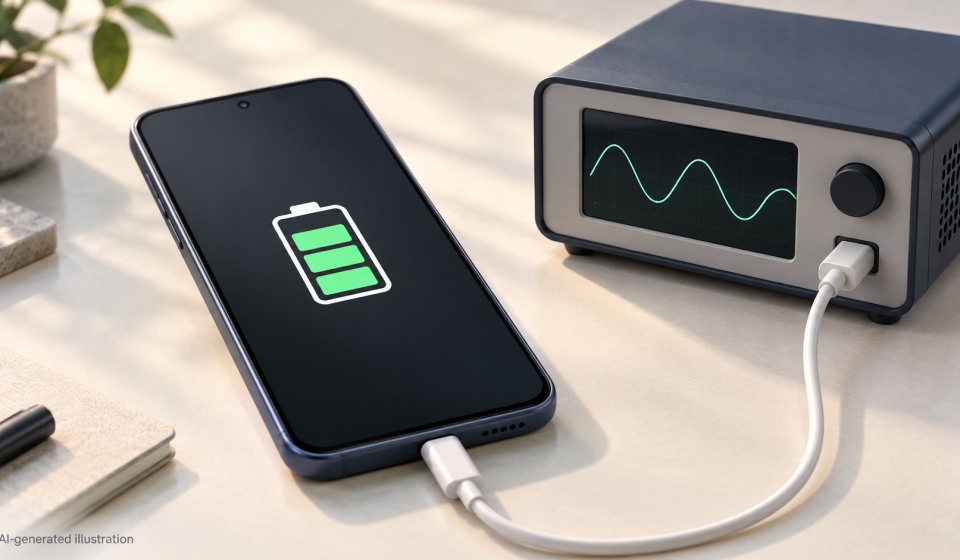 AI-generated illustration of a generic smartphone connected to a charging test instrument, with a green battery symbol on its screen.