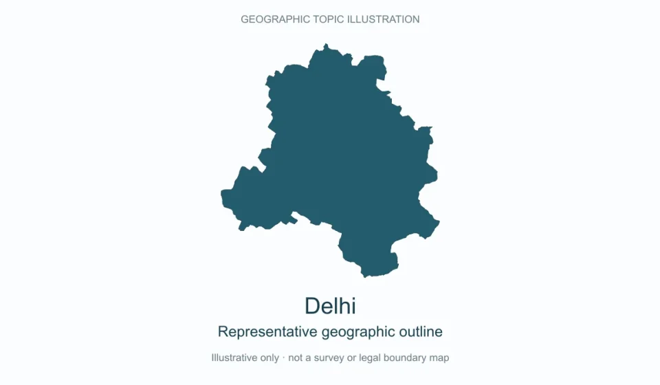 Representative geographic outline of Delhi; simplified geographic illustration, not an official boundary map.