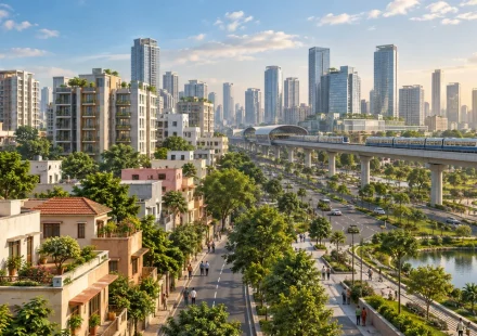 AI-generated representative illustration of urbanisation and city growth; not an event photograph.
