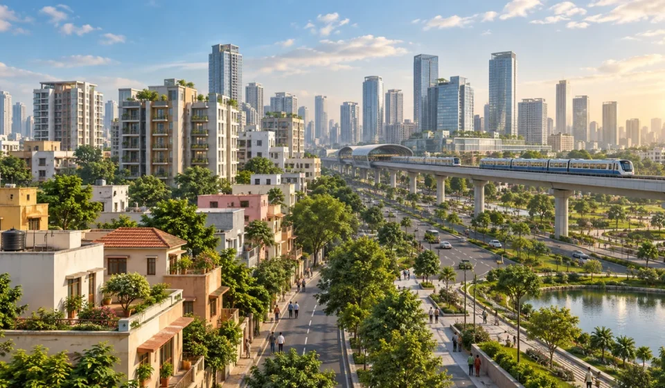 AI-generated representative illustration of urbanisation and city growth; not an event photograph.