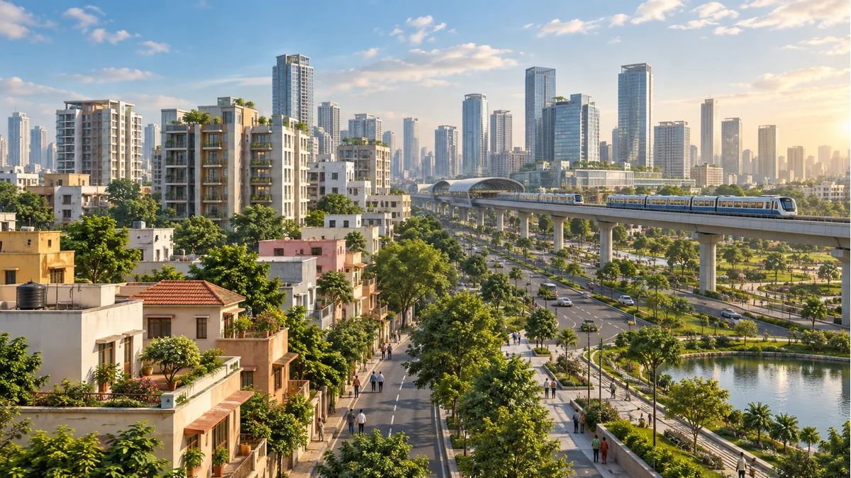 AI-generated representative illustration of urbanisation and city growth; not an event photograph.