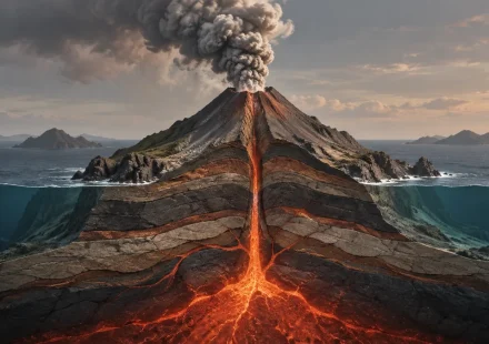 AI-generated representative illustration of volcanoes and volcanology; not an event photograph.