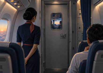 AI editorial illustration of a flight attendant beside a closed cockpit door in a passenger aircraft.