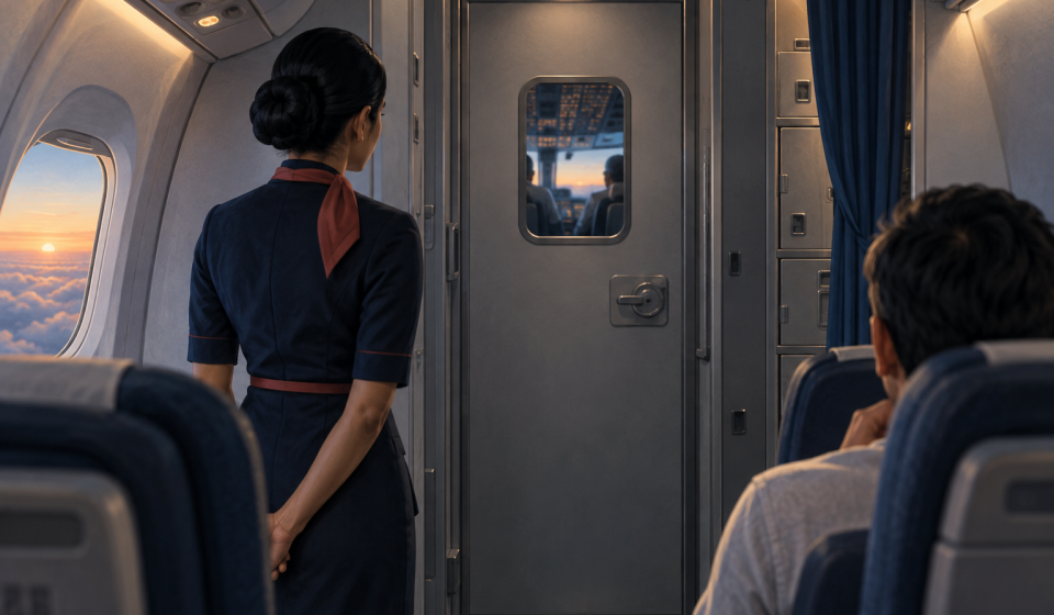 AI editorial illustration of a flight attendant beside a closed cockpit door in a passenger aircraft.