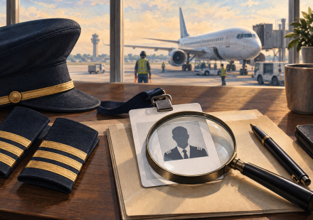 AI editorial illustration of pilot credentials, a magnifying glass and an aircraft at an airport.