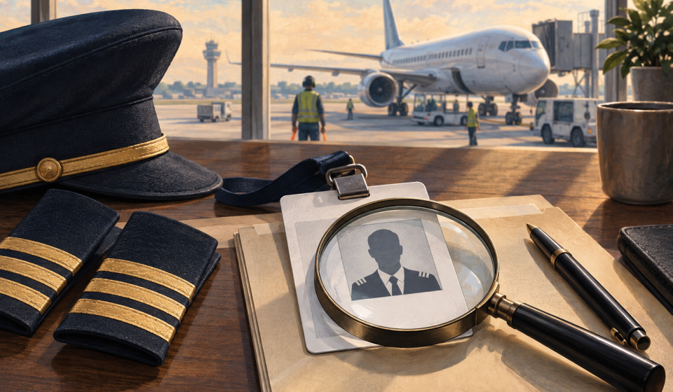 AI editorial illustration of pilot credentials, a magnifying glass and an aircraft at an airport.