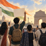 AI editorial illustration of young Indian adults participating in a peaceful civic demonstration.