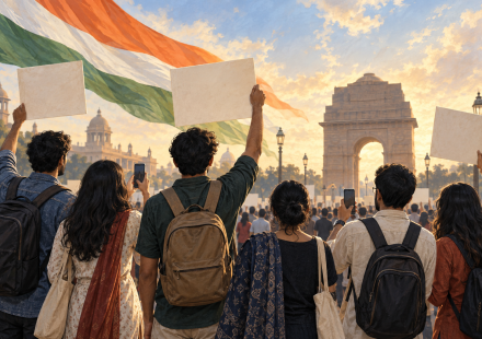 AI editorial illustration of young Indian adults participating in a peaceful civic demonstration.