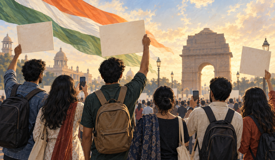 AI editorial illustration of young Indian adults participating in a peaceful civic demonstration.