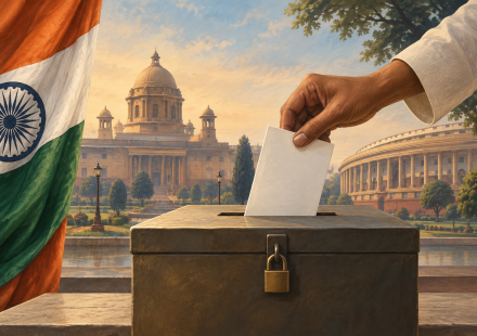 AI editorial illustration of a blank ballot being placed in a ballot box with Indian civic architecture behind it.
