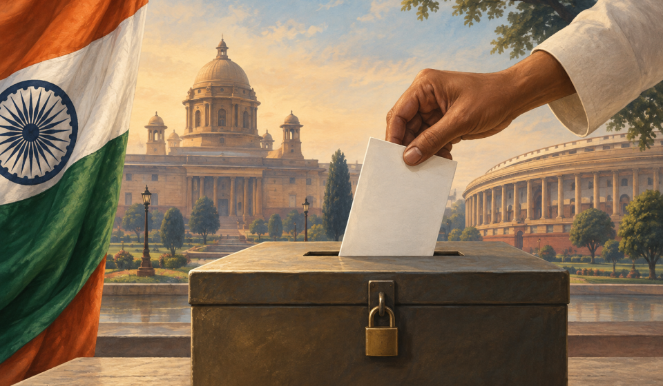 AI editorial illustration of a blank ballot being placed in a ballot box with Indian civic architecture behind it.