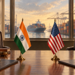AI editorial illustration of Indian and US flags at a table overlooking a shipping port.
