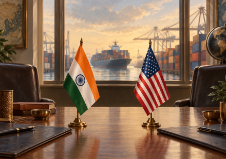 AI editorial illustration of Indian and US flags at a table overlooking a shipping port.