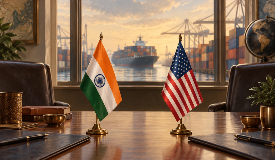 AI editorial illustration of Indian and US flags at a table overlooking a shipping port.