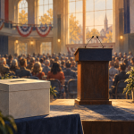 AI editorial illustration of an empty campaign lectern, US flags and a ballot box in a town hall.