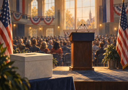 AI editorial illustration of an empty campaign lectern, US flags and a ballot box in a town hall.