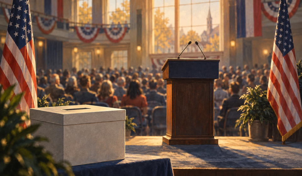 AI editorial illustration of an empty campaign lectern, US flags and a ballot box in a town hall.