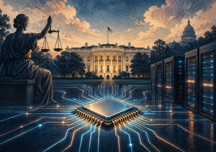 AI editorial illustration connecting a microchip and server infrastructure with US government institutions.