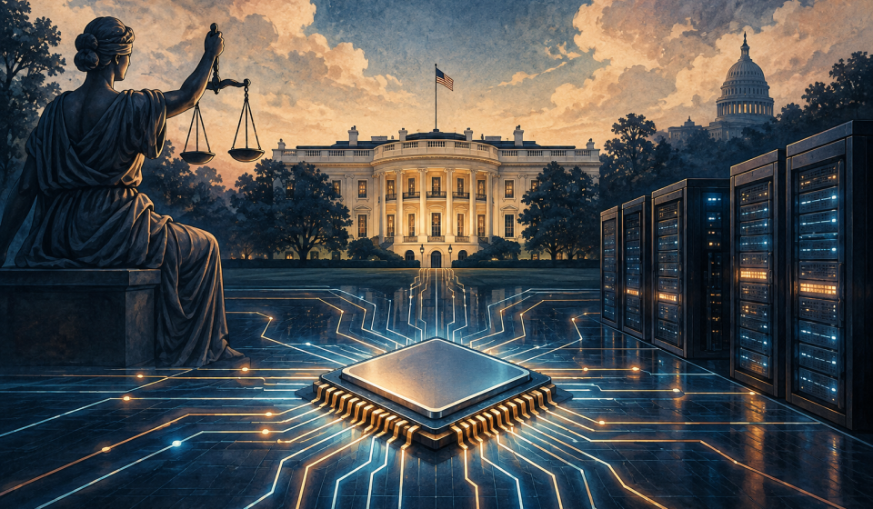 AI editorial illustration connecting a microchip and server infrastructure with US government institutions.