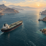 AI editorial illustration of an oil tanker travelling through a coastal passage inspired by the Strait of Hormuz.