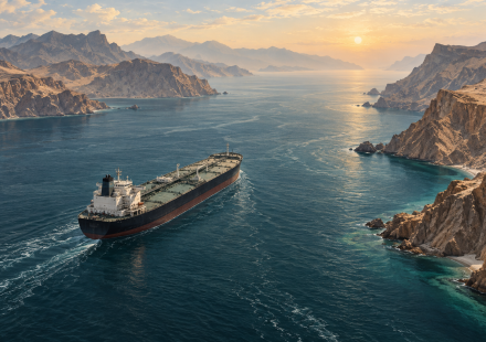 AI editorial illustration of an oil tanker travelling through a coastal passage inspired by the Strait of Hormuz.