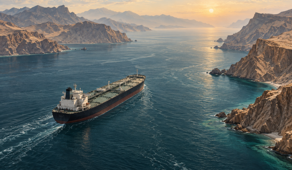 AI editorial illustration of an oil tanker travelling through a coastal passage inspired by the Strait of Hormuz.