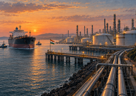 AI editorial illustration of an oil tanker approaching an Indian refinery and coastal port.