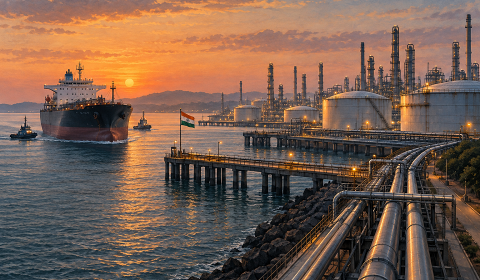 AI editorial illustration of an oil tanker approaching an Indian refinery and coastal port.