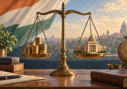 AI editorial illustration of a balance scale with coins and a bank model representing Indian monetary policy.