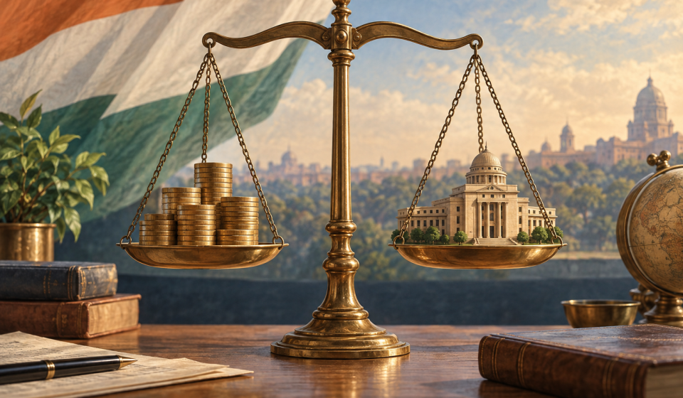 AI editorial illustration of a balance scale with coins and a bank model representing Indian monetary policy.