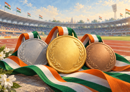 AI editorial illustration of gold, silver and bronze medals with Indian tricolor ribbons in a stadium.