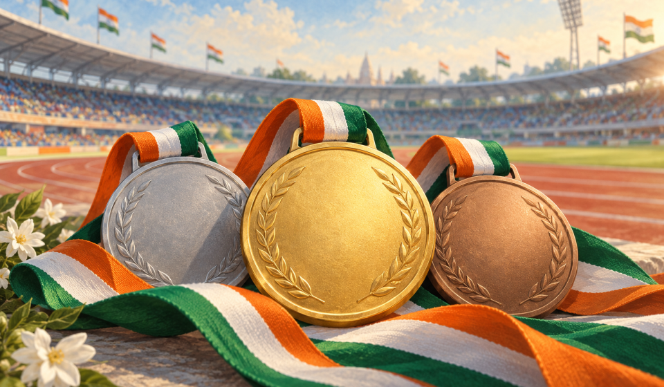 AI editorial illustration of gold, silver and bronze medals with Indian tricolor ribbons in a stadium.