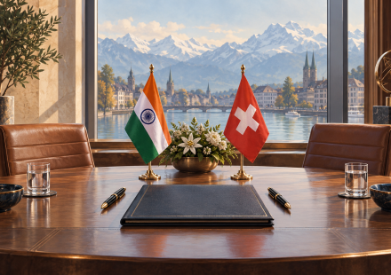 AI editorial illustration of Indian and Swiss flags beside an unmarked agreement folder.
