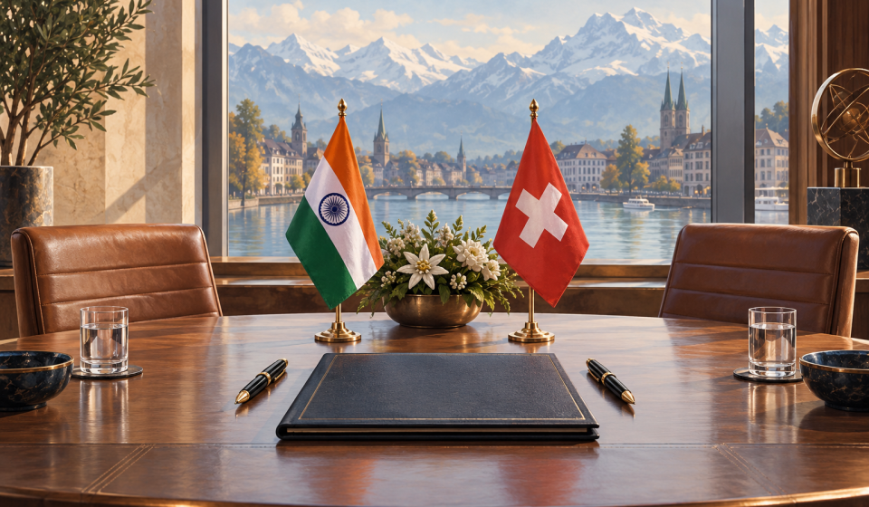 AI editorial illustration of Indian and Swiss flags beside an unmarked agreement folder.