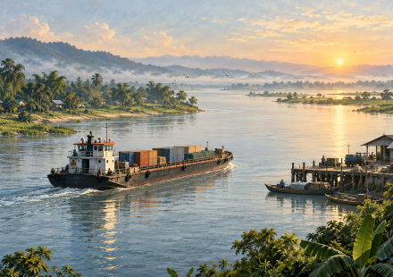 AI editorial illustration of a cargo barge on a lush river inspired by the Brahmaputra trade corridor.