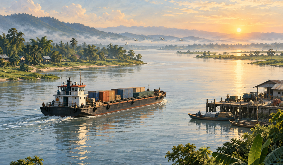 AI editorial illustration of a cargo barge on a lush river inspired by the Brahmaputra trade corridor.
